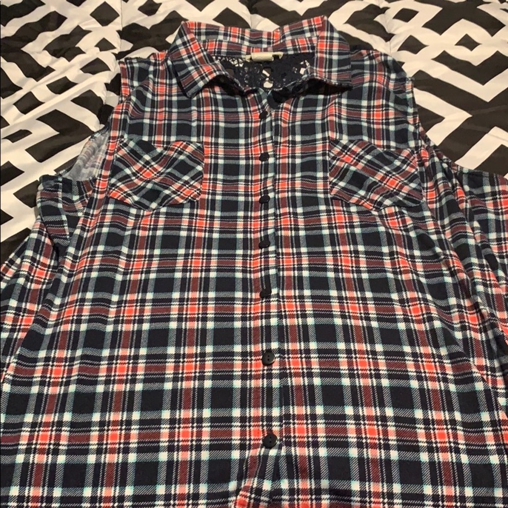 Red white and blue plaid sleeveless button down